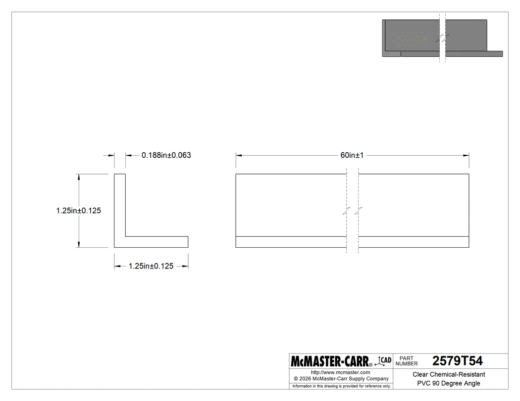 Technical Drawing of Clear Chemical-Resistant PVC 90 Degree Angle, 1-1/4" x 1-1/4" Outside Size, 5 Feet Long.